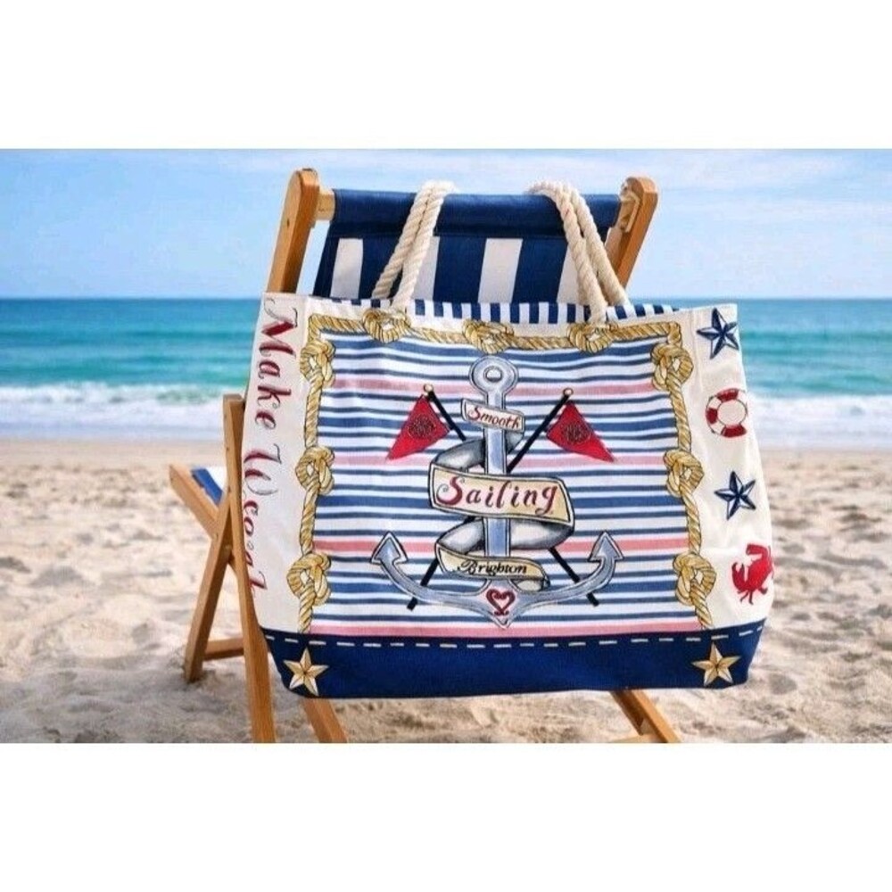 Brighton Boardwalk Sail Into Summer Canvas Tote Bag Nautical Stripe Beach Travel
